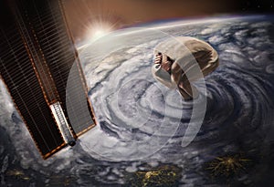 Cyclone surreal illustration of a bent man in a cyclone view from space