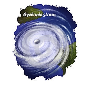 Cyclonic storm digital art illustration of natural disaster. Strong wind artwork with dramatic tornado. Stormy weather