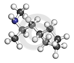 Cyclopentamine nasal decongestant drug molecule (largely discontinued). 3D rendering. Atoms are represented as spheres with