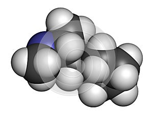 Cyclopentamine nasal decongestant drug molecule (largely discontinued). 3D rendering. Atoms are represented as spheres with