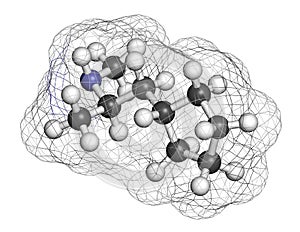 Cyclopentamine nasal decongestant drug molecule (largely discontinued). 3D rendering. Atoms are represented as spheres with photo