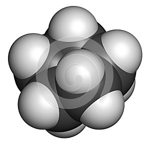 Cyclopentane cycloalkane molecule. Used in refrigerators and freezers and for many other purposes.