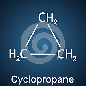 Cyclopropane cycloalkane molecule. It is an inhalation anaesthetic. Structural chemical formula on the dark blue background