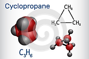 Cyclopropane cycloalkane molecule. It is an inhalation anaesthetic. Structural chemical formula and molecule model
