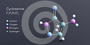 cycloserine molecule 3d rendering, flat molecular structure with chemical formula and atoms color coding