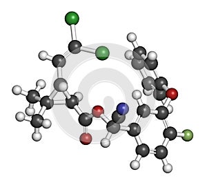 Cyfluthrin insecticide molecule. 3D rendering. Atoms are represented as spheres with conventional color coding: hydrogen white,.