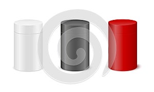 Cylinder boxes mockups isolated on white background. White, black, red cardboard packages for product design. Containers