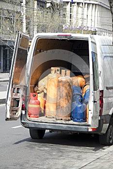 Cylinder gas bottles stored in a delivery van