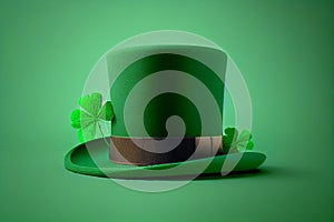 Cylinder hat and Four-leaf green clover for good luck on St. Patrick's Day, green background. Copy space. Generative Ai