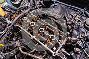 Cylinder head combustion engine with camshafts on repair. Automotive, car workshop