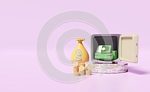 Cylinder podium marble with open safe box,coins stack,banknote,bag money dollar isolated on pink background.,business banking