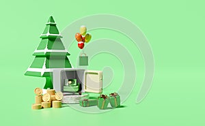 Cylinder podium with safe box,coins,banknote,money dollar,gift box,christmas tree isolated on green background.business banking