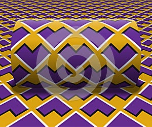 Cylinder is rolling along the inclined surface. Abstract objects with arrows pattern. Vector optical illusion illustration