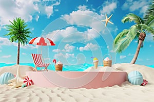 cylinder stage podium empty with sand castle, beach chair, ice cream cones, palm leaf, coconut tree, bucket isolated on blue sky