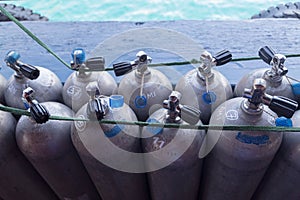 Cylinders for diving on the ship. Vietnam. South China sea