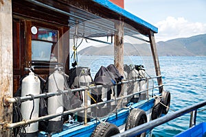 Cylinders for diving on the ship. Vietnam. South China sea