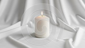 Cylindrical candle sits on a white fabric backdrop with gentle