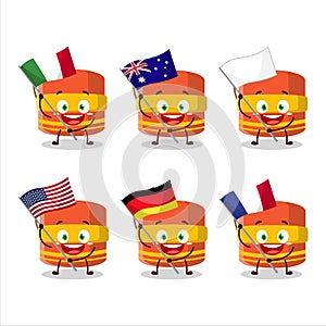 Cylindrical firecracker cartoon character bring the flags of various countries