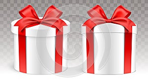 Cylindrical gift box wrapped with red ribbon, isolated on transparent background vector illustration