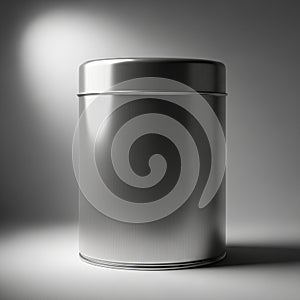 A cylindrical metallic can is positioned on a flat surface under studio lighting. The can
