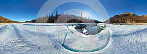 Cylindrical panorama of a man on ice melting river