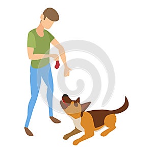 Cynologist give meat to dog icon, isometric style