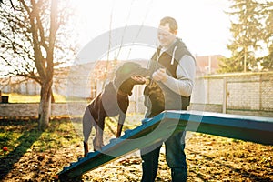 Cynologist trains a dog to keep balance