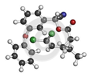 Cypermethrin insecticide molecule. 3D rendering. Atoms are represented as spheres with conventional color coding: hydrogen white.