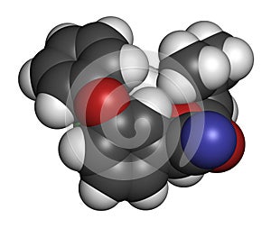 Cypermethrin insecticide molecule. 3D rendering. Atoms are represented as spheres with conventional color coding: hydrogen white.