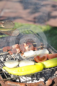 Cypriot meze and kebap barbecue party in the garden with delicious mix meat and chicken kebaps photo