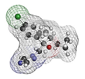 Cyproconazole fungicide molecule. 3D rendering. Atoms are represented as spheres with conventional color coding: hydrogen white.