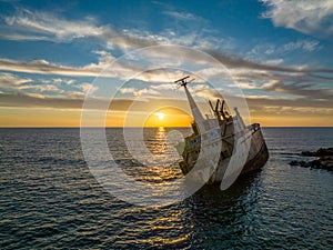 Cyprus - Abandoned shipwreck EDRO III in Pegeia, Paphos, Cyprus at amazing sunset time