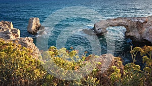 Cyprus. Ayia Napa. Love bridge. Rock arch in the sea. The Cape Greco . The Mediterranean sea picturesque coast. Natural