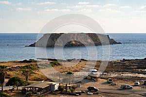 Cyprus beautiful scenic view Agios Georgios island in evening at sunset . Akamas. Agios Georgios church and harbor