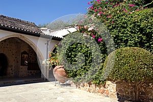 Cyprus. Beautiful summer landscape.	 Monastery courtyard.