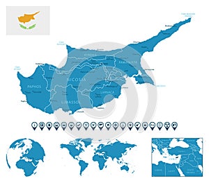 Cyprus - detailed blue country map with cities, regions, location on world map and globe. Infographic icons