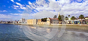 Cyprus island, Larnaca town. view of the Finikoudes beach and castle.