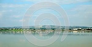 Cyprus Larnaca Salt Lake panoramic view with flamingos