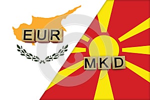 Cyprus and Macedonia currencies codes on national flags background