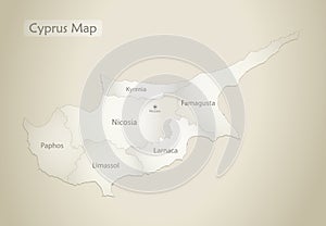 Cyprus map, administrative division with names, old paper background