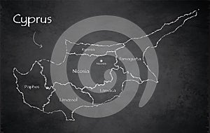 Cyprus map administrative division separates regions and names individual region, design card blackboard chalkboard