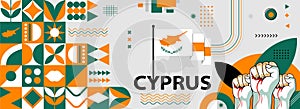 Cyprus national or independence day banner for country celebration. Cyprus Flag map with raised fists. Modern retro design with