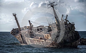 Cyprus, Paphos. Shipwreck. The ship crashed on the coastal rocks.