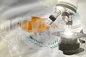 Cyprus science development digital background - microscope on flag. Research of clinical medicine design concept, 3D illustration