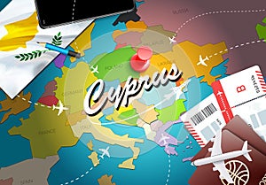 Cyprus travel concept map background with planes, tickets. Visit Cyprus travel and tourism destination concept. Cyprus flag on map