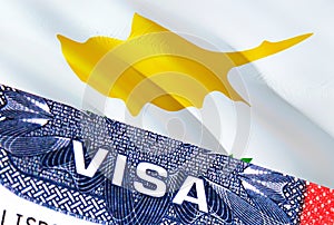 Cyprus Visa Document, with Cyprus flag in background. Cyprus flag with Close up text VISA on USA visa stamp in passport,3D