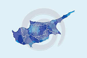 Cyprus watercolor map vector illustration of blue color with border lines of different regions or districts on light background