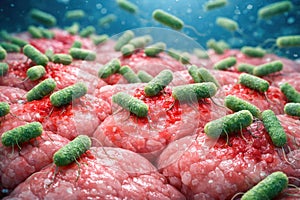 Cystitis bladder microscopic visualization shows E coli bacteria attaching to irritated urothelium cells, inflammatory response on