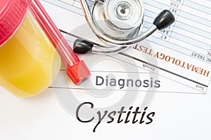 Cystitis diagnosis. Laboratory container with urine sample, test tube with blood, stethoscope and blood test results hematology on