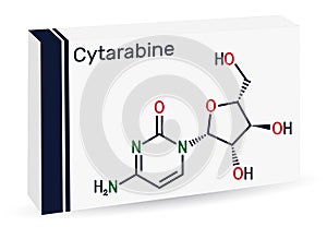 Cytarabine, cytosine arabinoside, ara-C molecule. It is chemotherapy medication. Skeletal chemical formula. Paper packaging for